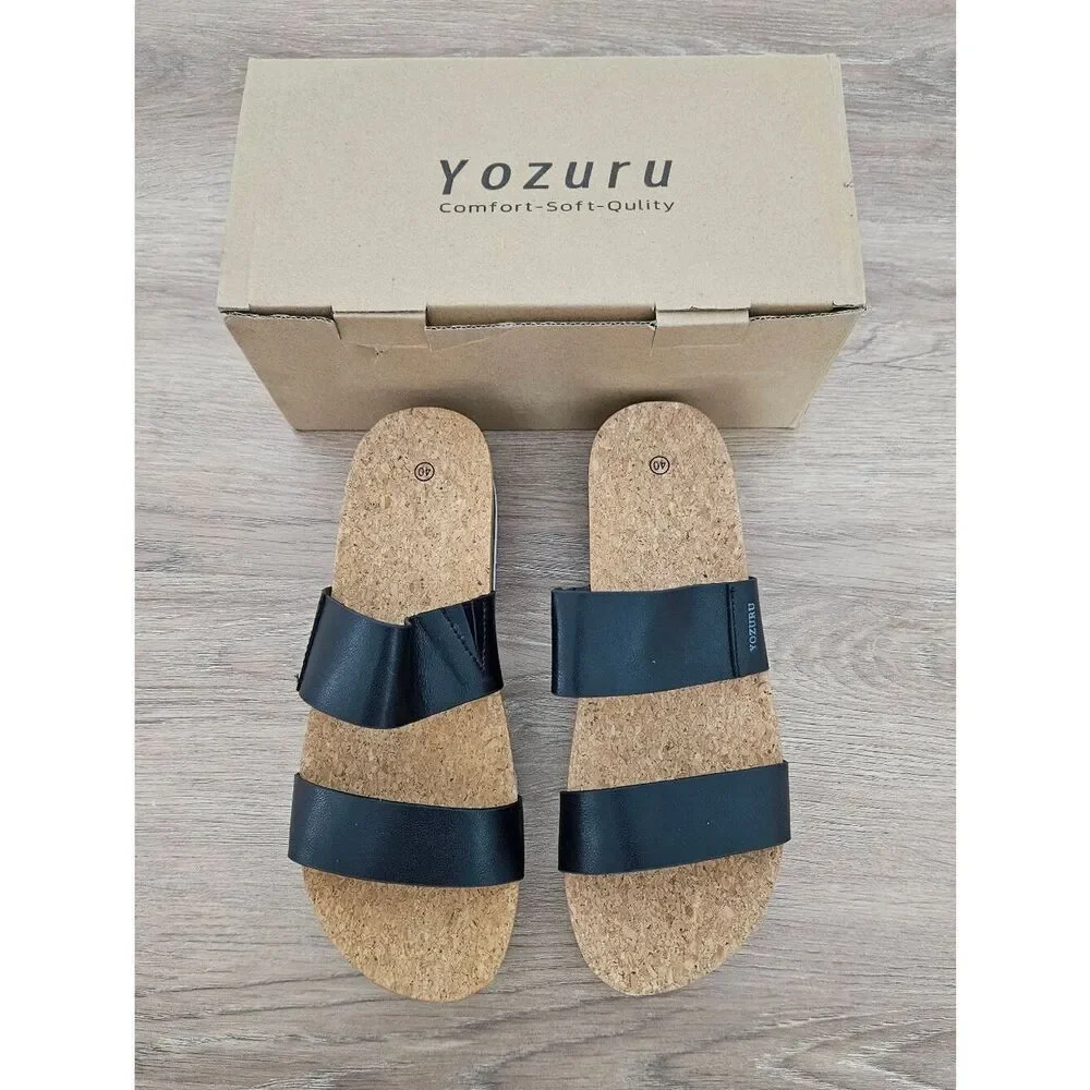 Yozuru Black Doubke Strap Cork Platform Slide Sandals Size 9.5